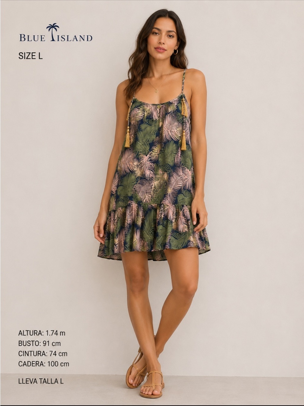Blue Island Palm Print Tassel Slip Dress - Green & Pink